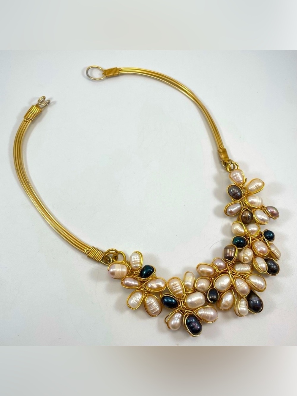 Stunning Gold Tone Freshwater Tahitian Pearl Bib Statement Necklace Elegant